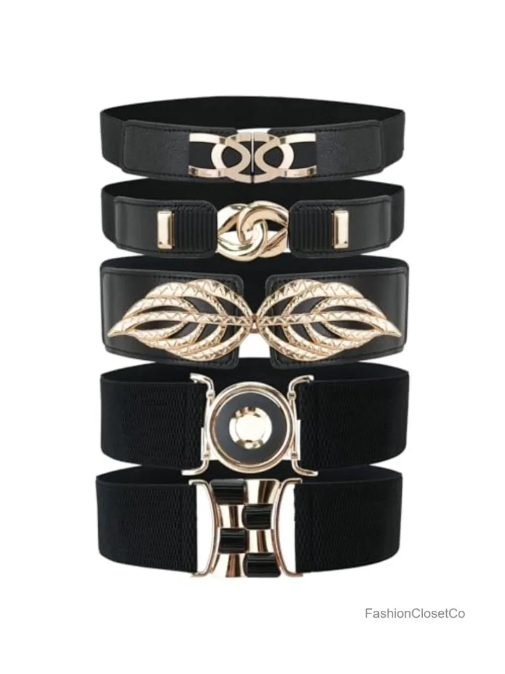 5 Pack Women's Stretchy PU Leather Wide Waist Belts with Metal Buckles, Vintage